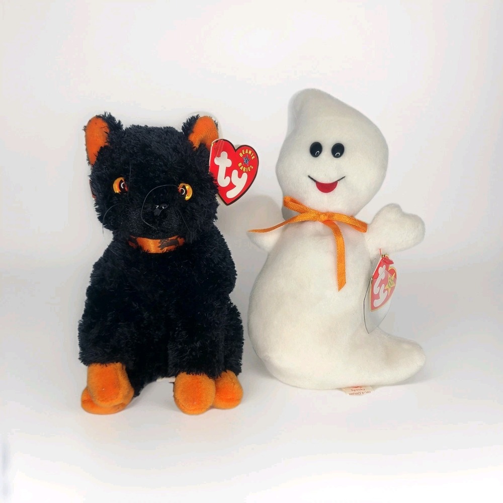 TY Beanie Babies 1995 Spooky Ghost &‎ 2000 Fraidy Cat LOT of 2 Halloween